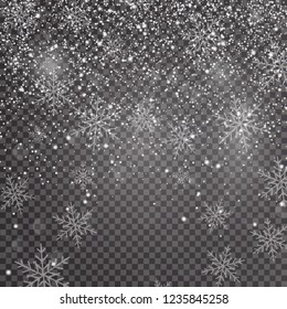 Christmas falling snow vector isolated on dark background. Snowflake transparent decoration effect. Xmas snow flake pattern. Magic white snowfall texture. Winter snowstorm backdrop illustration.