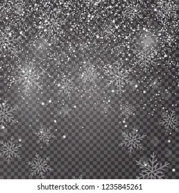 Christmas falling snow vector isolated on dark background. Snowflake transparent decoration effect. Xmas snow flake pattern. Magic white snowfall texture. Winter snowstorm backdrop illustration.
