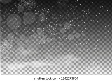 Christmas falling snow vector isolated on dark background. Snowflake transparent decoration effect. Magic white snowfall texture. Winter snowstorm backdrop illustration
