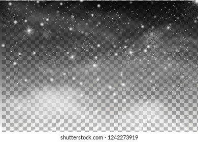 Christmas falling snow vector isolated on dark background. Snowflake transparent decoration effect. Magic white snowfall texture. Winter snowstorm backdrop illustration
