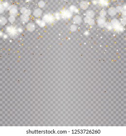 Christmas falling snow vector isolated on dark background. Snowflake transparent decoration effect. Snow flakes pattern. Magical white snowfall texture. Winter snowstorm background illustration. Glare