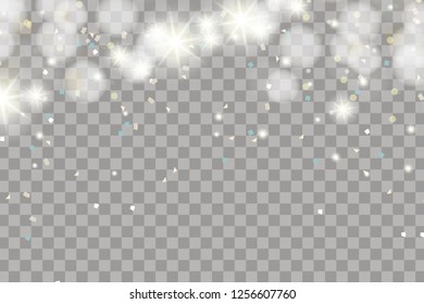 Christmas falling snow vector isolated on dark background. Snowflake transparent decoration effect. Snow flakes pattern. Magical white snowfall texture. Winter snowstorm background illustration. Glare