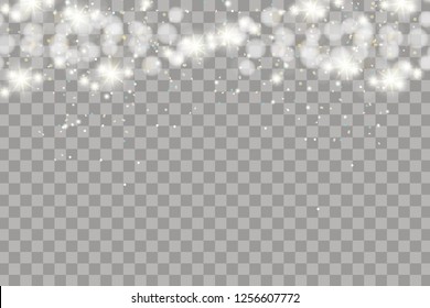 Christmas falling snow vector isolated on dark background. Snowflake transparent decoration effect. Snow flakes pattern. Magical white snowfall texture. Winter snowstorm background illustration. Glare
