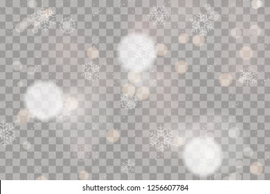 Christmas falling snow vector isolated on dark background. Snowflake transparent decoration effect. Snow flakes pattern. Magical white snowfall texture. Winter snowstorm background illustration. Glare
