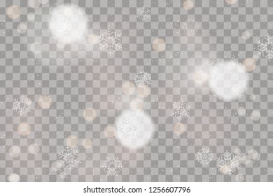 Christmas falling snow vector isolated on dark background. Snowflake transparent decoration effect. Snow flakes pattern. Magical white snowfall texture. Winter snowstorm background illustration. Glare