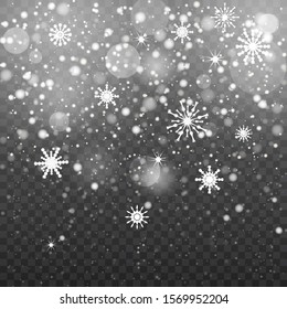 Christmas falling snow vector isolated on dark background. Snowflake transparent decoration effect. Xmas pattern. White snowfall texture. Winter snowstorm backdrop illustration.