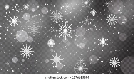 Christmas falling snow vector isolated on dark background. Snowflake transparent decoration effect. Xmas pattern. White snowfall 
texture. Winter snowstorm backdrop illustration