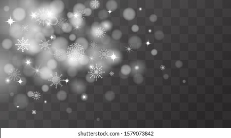 Christmas falling snow vector isolated on dark background. Snowflake transparent decoration effect. Xmas pattern. White snowfall texture. Winter snowstorm backdrop illustration