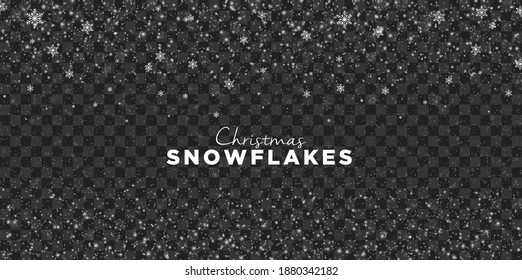 Christmas falling snow vector isolated on gray background. Snowflake transparent decoration effect. White snowfall texture. Winter snowstorm vector illustration.