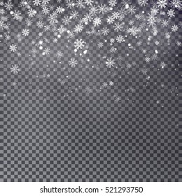 Christmas Falling Snow Vector Isolated On Dark Background. Snowflake Transparent Decoration Effect. Xmas Snow Flake Pattern. Magic White Snowfall Texture. Winter Snowstorm Backdrop Illustration.