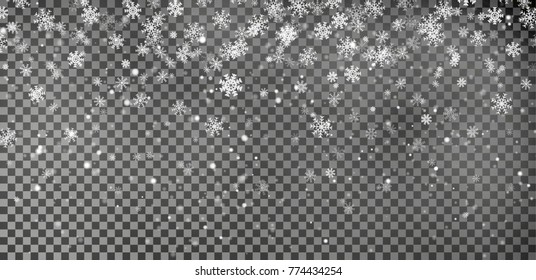 Christmas falling snow vector isolated on dark background. Snowflake transparent decoration effect. Xmas snow flake pattern. Magic white snowfall texture. Winter snowstorm backdrop illustration.