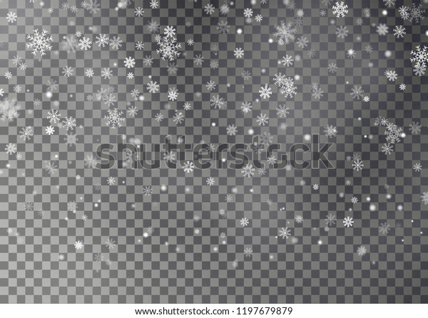 Christmas falling snow vector isolated on\
dark background. Snowflake transparent decoration effect. Xmas snow\
flake pattern. Magic white snowfall texture. Winter snowstorm\
backdrop\
illustration.