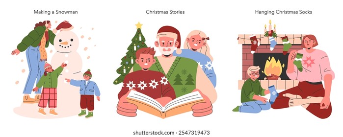 Christmas Family Activities set. A family enjoys winter fun, reads festive stories and prepares stockings. Holiday bonding and traditions. Vector illustration.