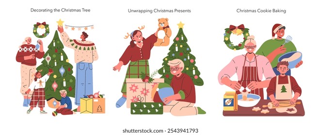 Christmas Family Activities set. Family members engaging in holiday traditions. Tree decoration, present unwrapping, cookie baking scenes. Vector illustration.