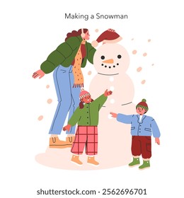 Christmas family bonding during winter as they joyfully create a snowman together, capturing a festive and warm-hearted scene. Vector illustration.