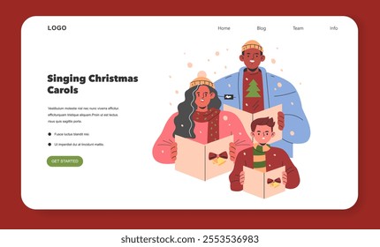 Christmas Family Caroling concept. A joyful family engaged in singing traditional holiday carols together. Warm festive spirit, winter customs, and cheerful sharing moments. Vector illustration.