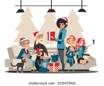 Christmas family. Christmas Family characters and or Happy New Year 2020 gifts. Merry Christmas and Happy New Year 2020. Christmas Family Vector Illustration