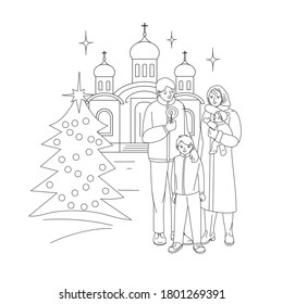 Christmas. Family with children in front of the Orthodox Temple. Winter, decorated tree. Vector illustration. Outline. Coloring book page.