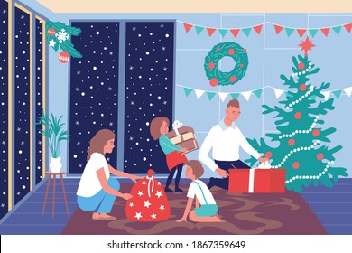 Christmas family composition with view of decorated living room with new year tree and family members vector illustration