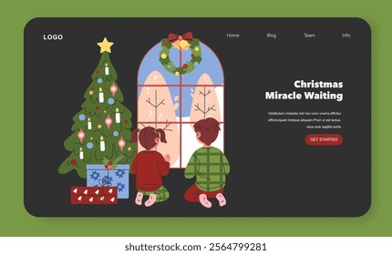 Christmas family concept. Children eagerly await the holiday magic by a decorated tree and wintery window. Celebrates the spirit of anticipation. Vector illustration.