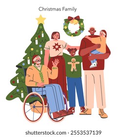 Christmas Family concept. Diverse family gathering around a decorated tree, celebrating festive traditions. Joyful holiday season bonding. Vector illustration.