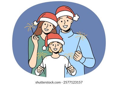 Christmas family of dad with mom and smiling child use sparklers celebrating new year holidays. Young parents and daughter in christmas santa hat wishing happy yuletide and xmas holiday