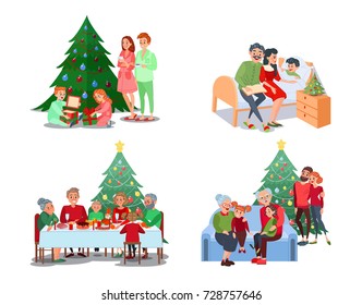 Christmas Family Dinner. Children Open Presents. Grandparents with Grandchildren. Vector illustration