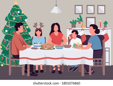 Christmas family dinner flat color vector illustration. New Year evening banquet. Christmas tree and stockings. Parents and kids 2D cartoon characters with festive decorated interior on background