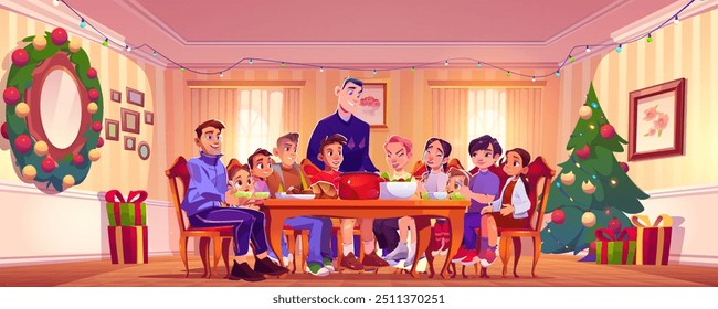 Navidades cena familiar con amigos en la Ilustración vectorial de la mesa. Escena de cena de fiesta con niños, personaje y hombre. Comiendo juntos delicioso almuerzo para el fondo de dibujos animados de la temporada de Navidad