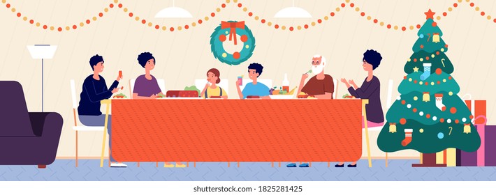 Christmas family dinner. Holiday living room interior, traditional eating. Seniors, children sitting at festive table vector illustration