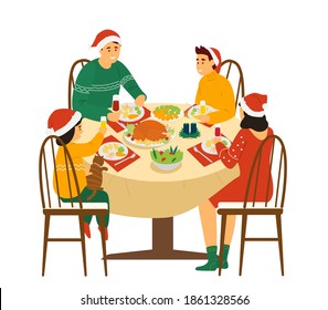 Christmas Family Dinner At Home. Family In Santa Hats Sitting Around The Table With Christmas Food. Vector Illustration. Isolated On White.