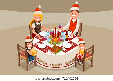 Christmas family dinner party. 3D flat isometric people vector cartoon characters