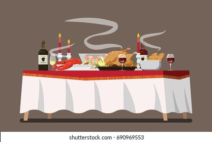 Christmas Family Dinner Table  ,Vector illustration 