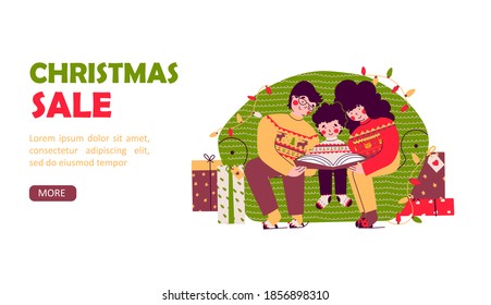 Christmas family evening, reading books, flat vector landing page template. Cartoon vector people illustration.