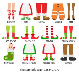 Christmas family feet set. Collection of cute legs, boots, socks. Holiday characters shoes and pants. Festive decoration, vector illustration