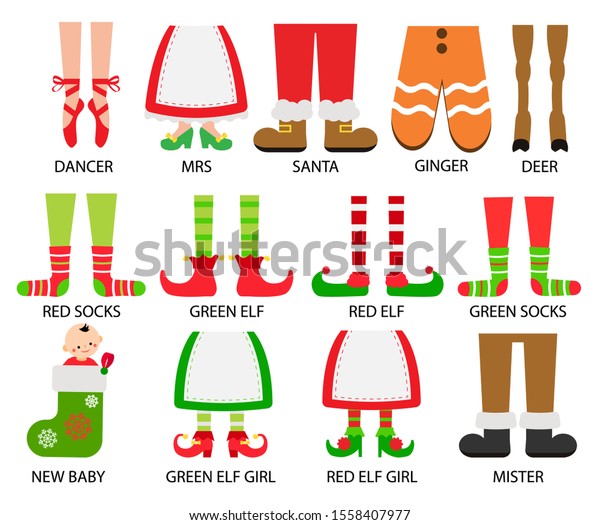 クリスマスファミリーの足セット かわいい足ブーツ靴下のコレクション ホリデーキャラクターの靴とズボン お祭り気分のデコレーション ベクターイラスト のベクター画像素材 ロイヤリティフリー 1558407977
