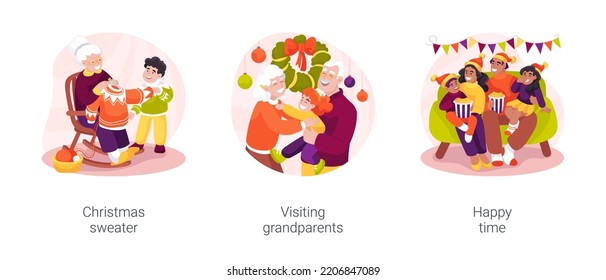 Christmas family gathering isolated cartoon vector illustration set. Grandma knitting sweater, handmade present, children visit grandparents, happy Christmas time, religious holiday vector cartoon.