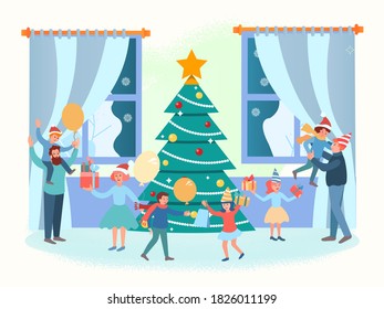 Christmas family gatherings around the Christmas tree. New Year with the family. Concept vector illustration