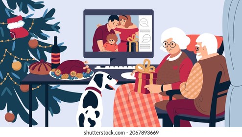 Christmas family holiday dinner online. Elderly people talk to young people on a computer monitor. Flat vector illustration.