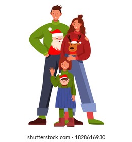 Christmas family holiday illustration with happy mother, father, daughter in x-mas funny sweaters. Cheerful cartoon people isolated on white. Christmas family clipart with husband, wife, child