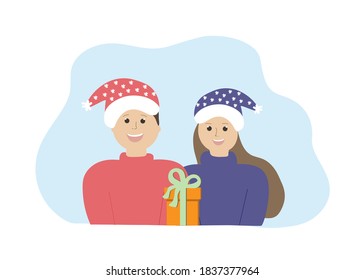 Christmas family holiday. A man and a woman in Christmas hats give gifts. Vector illustration.