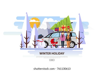 Christmas family holidays. Merry Christmas Flat style vector illustration. Christmas tree on top of the family  car.