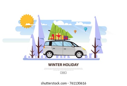 Christmas family holidays. Merry Christmas Flat style vector illustration. Christmas tree on top of the family  car.
