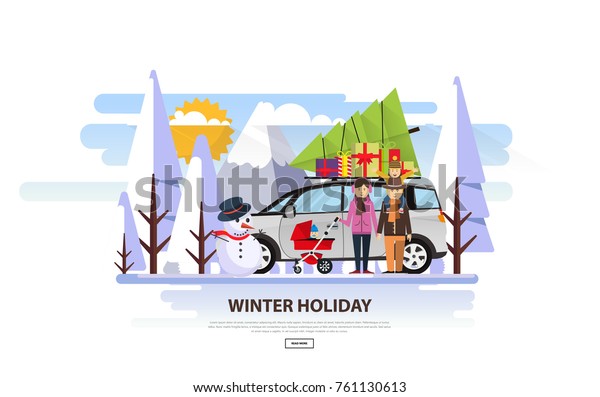 Christmas\
family holidays. Merry Christmas Flat style vector illustration.\
Christmas tree on top of the family \
car.