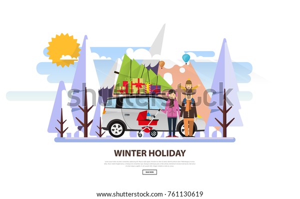 Christmas\
family holidays. Merry Christmas Flat style vector illustration.\
Christmas tree on top of the family \
car.