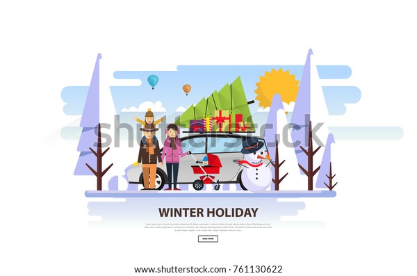 Christmas
family holidays. Merry Christmas Flat style vector illustration.
Christmas tree on top of the family 
car.