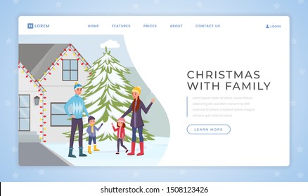 Christmas with family landing page vector template. Traditional holiday website homepage interface idea with flat illustrations. Family with kids outdoors, happy new year web banner cartoon concept