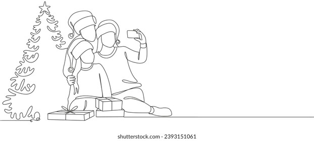 Christmas family line art vector illustration