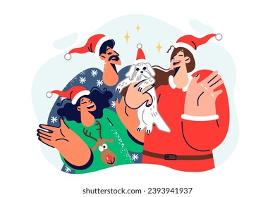 Christmas family of mom and dad and daughters with dog laugh and wave hand congratulating you on new year. Christmas people in winter sweaters rejoice in coming of december holidays