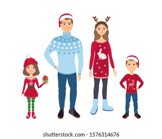 Christmas family. Mom, dad, son and daughter celebrate New Year isolated on white background. Vector illustration of happy woman, man in santa claus hat, boy and girl in cartoon simple flat style.